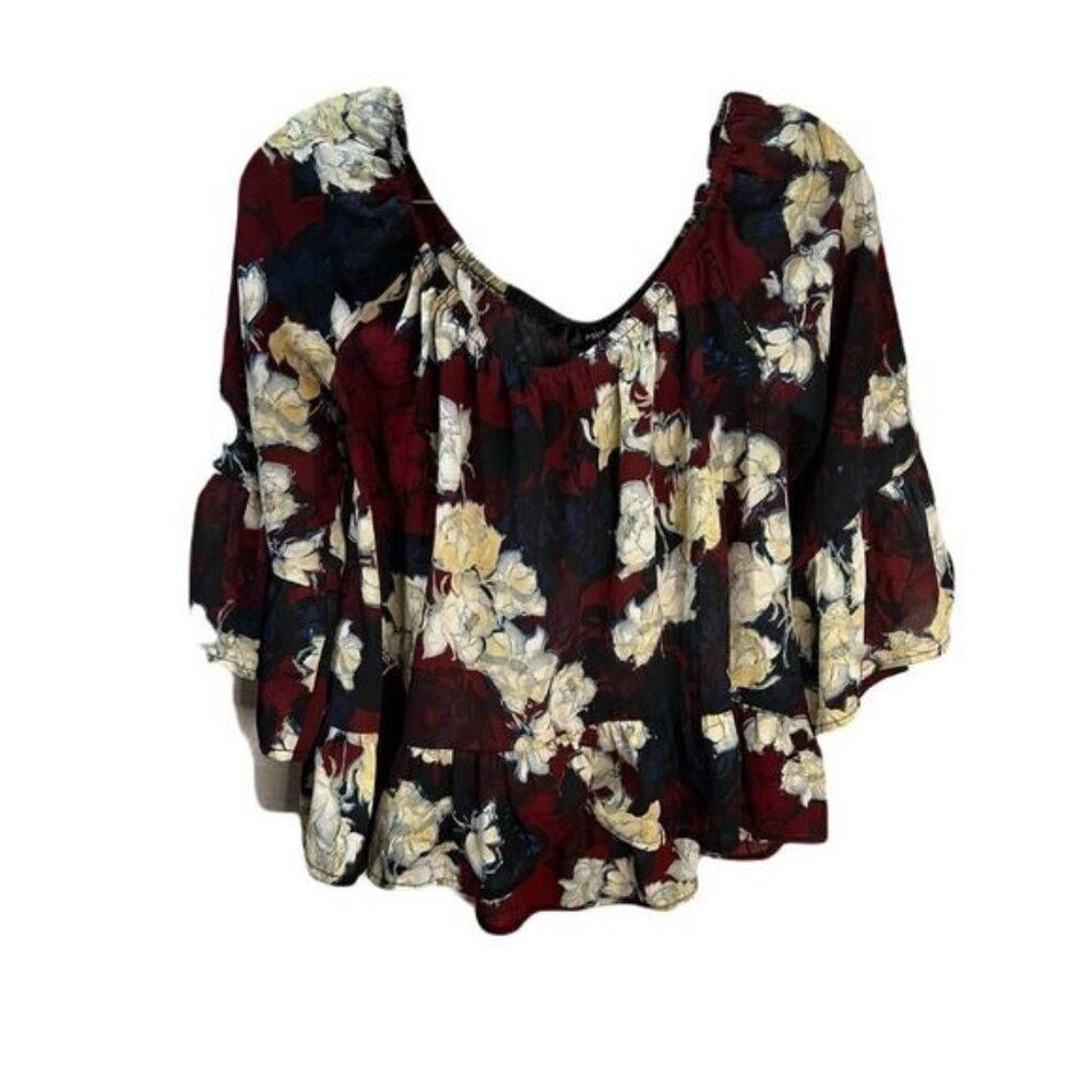 Floral‎ Print Sheer Boho Peasant Blouse With Elastic Neckline & Flowy Sleeves By